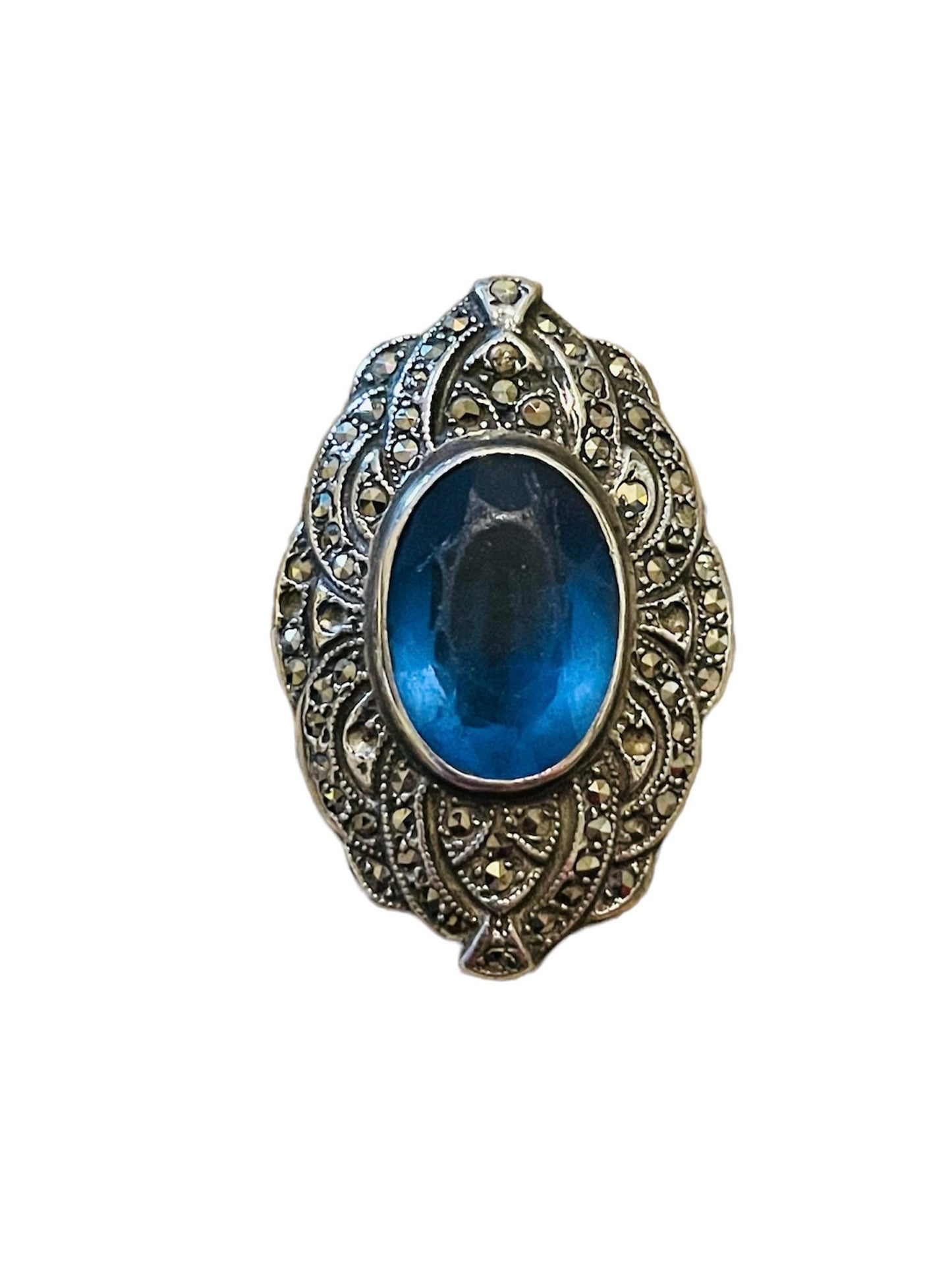 Art Nouveau Blue Topaz & Marcasite Vintage Sterling Ring