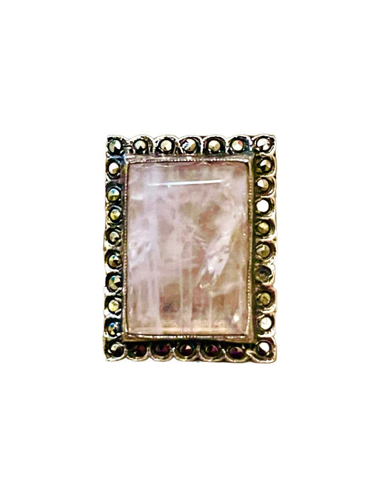 Rose Quartz & Marcasite Art Deco Sterling Silver Square Ring