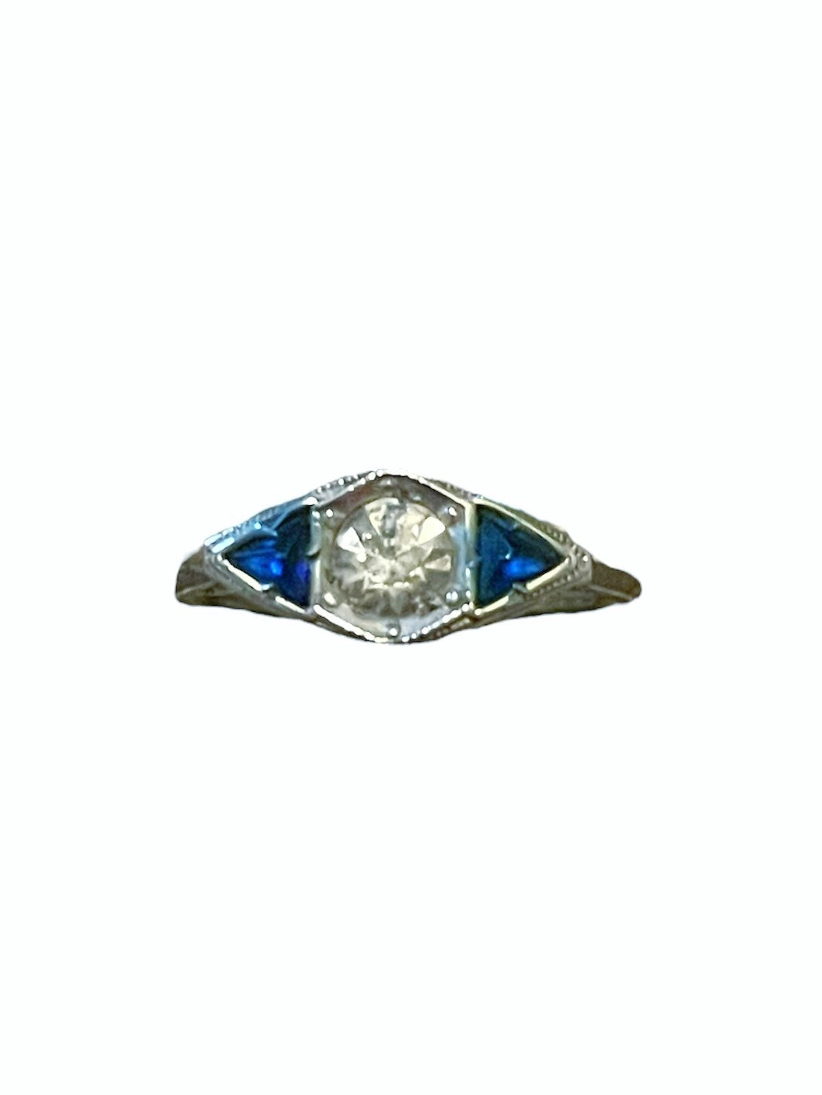 Art Nouveau Saphire & Topaz Filigree Sterling Silver Engagement Ring