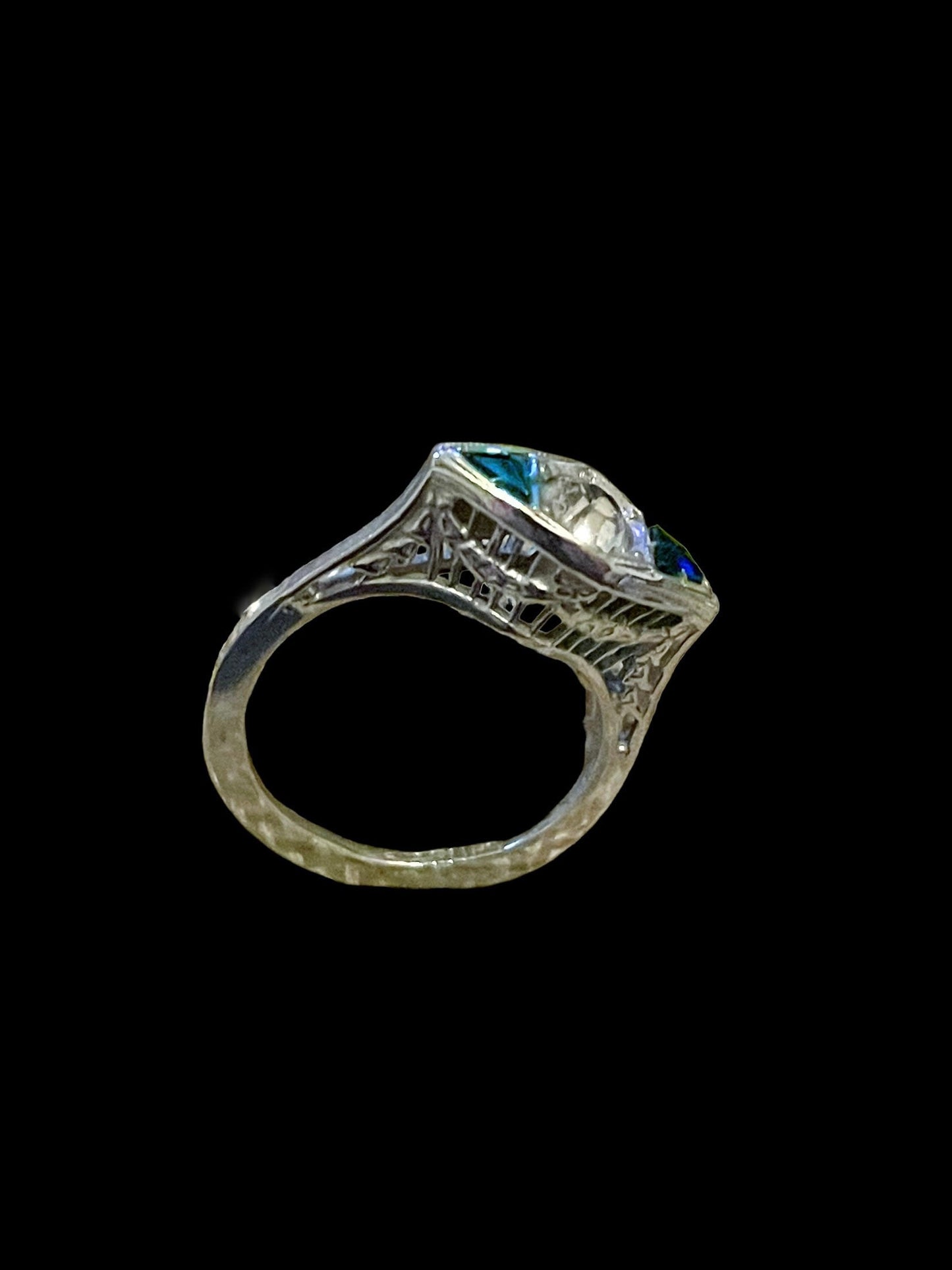 Art Nouveau Saphire & Topaz Filigree Sterling Silver Engagement Ring
