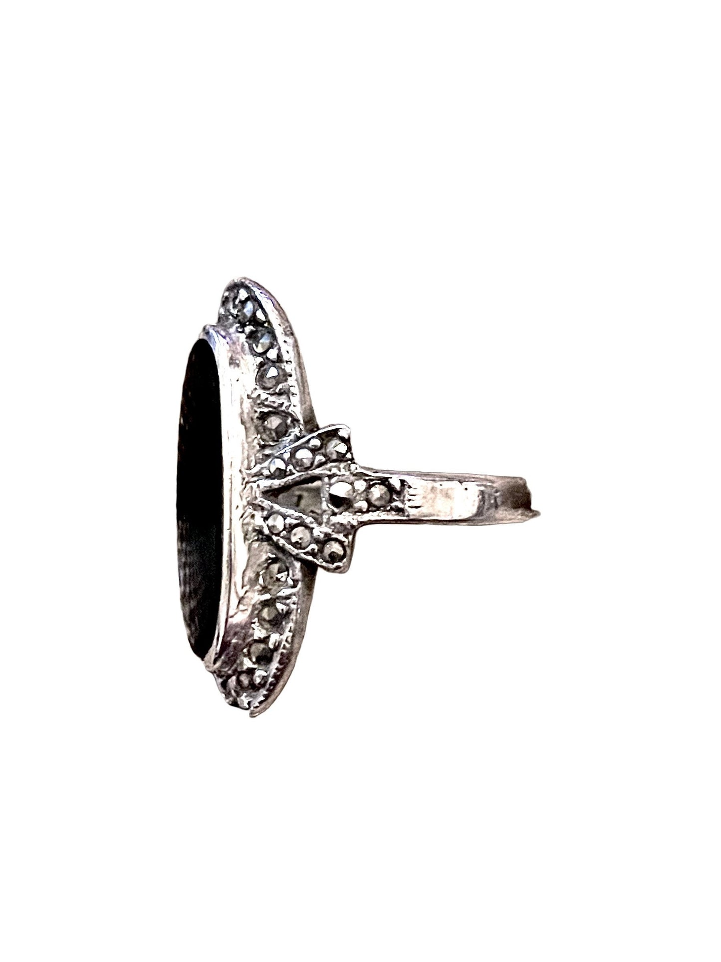 Black Onyx & Marcasite Bezel Set Sterling Silver Oval Art Deco Ring