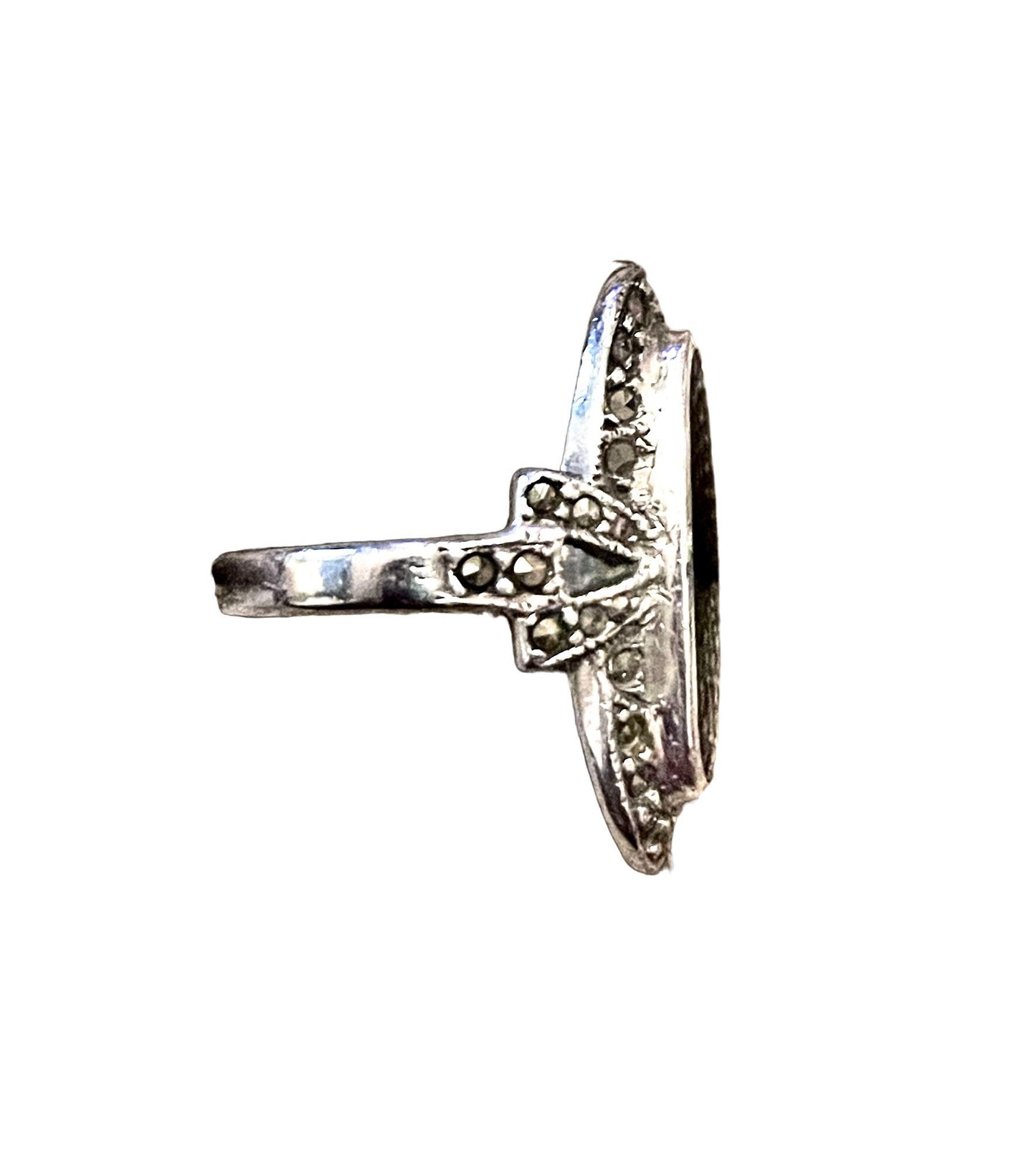 Black Onyx & Marcasite Bezel Set Sterling Silver Oval Art Deco Ring