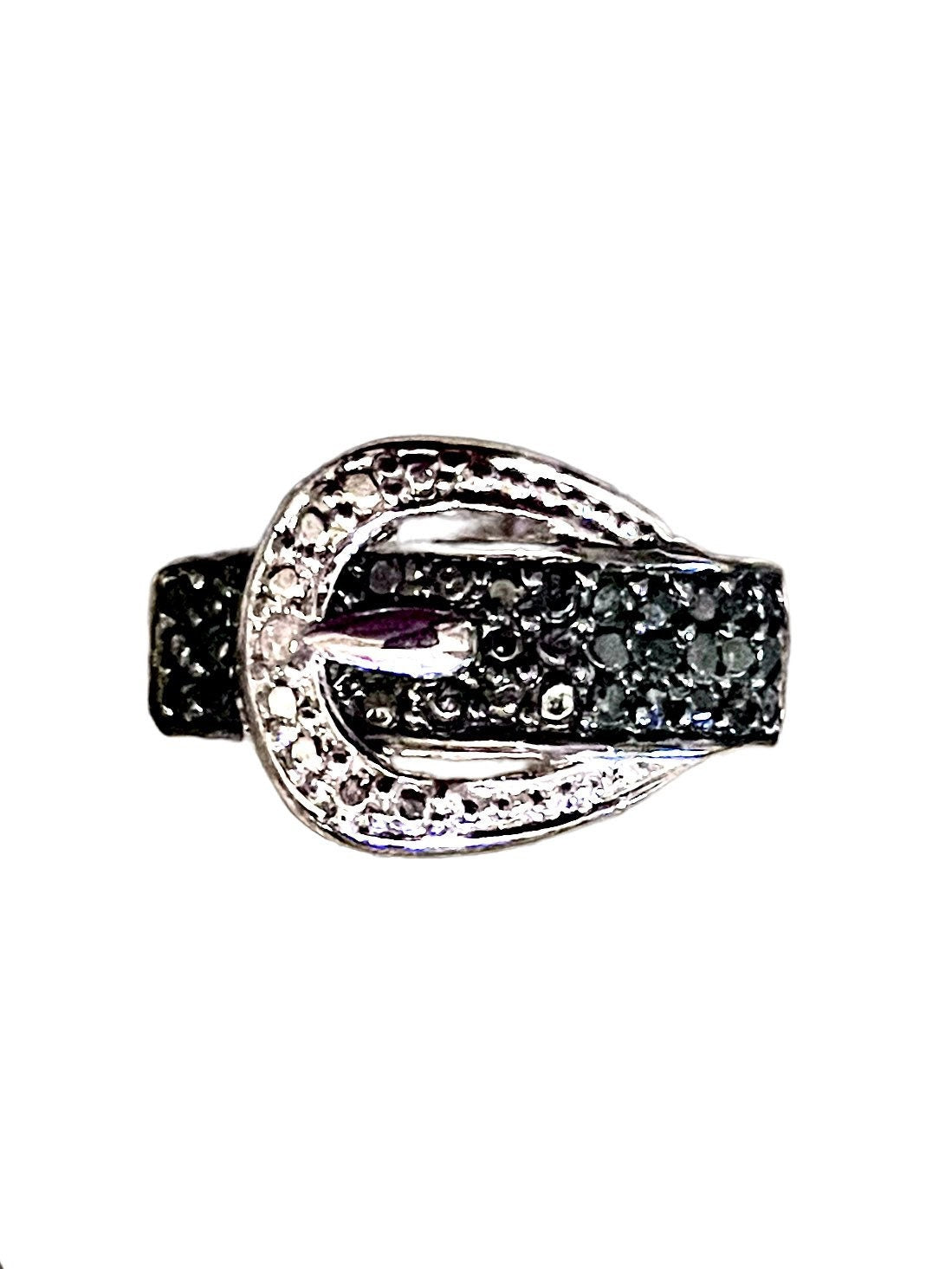 Black & White Diamond Sterling Silver Belt Buckle Ring