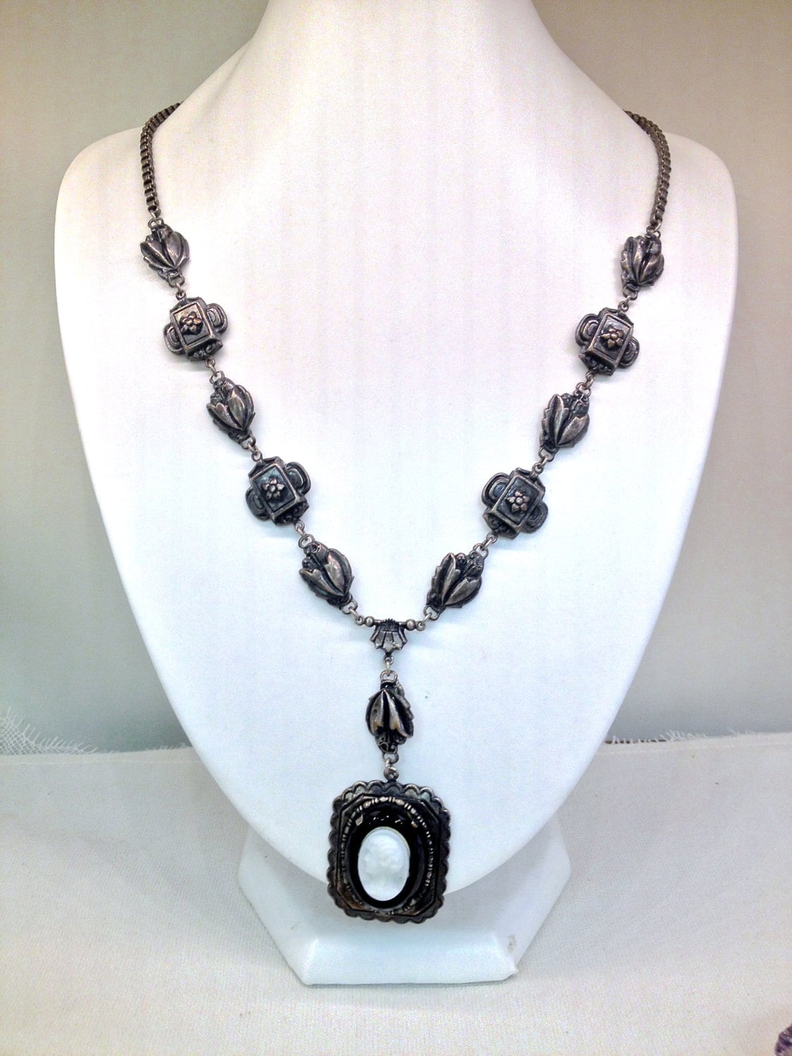 Victorian Silver Rose Mourning Cameo On Faceted Polished Black French Jet & Milk Glass Cameo Embossed Rolo Chain Necklace