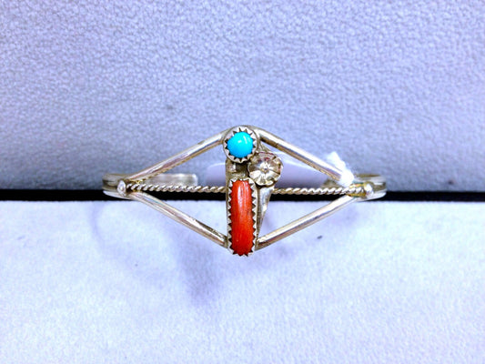 Beautiful Vintage Sterling Silver Native American Old Pawn Red Coral & Turquoise Bezel Cuff Bracelet