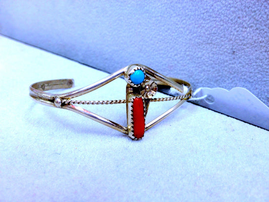 Beautiful Vintage Sterling Silver Native American Old Pawn Red Coral & Turquoise Bezel Cuff Bracelet