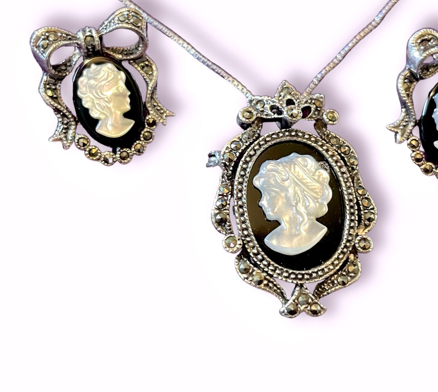 Sterling Silver, Marcasite, Onyx & Mother of Pearl Cameo Necklace, Brooch and Earring Set