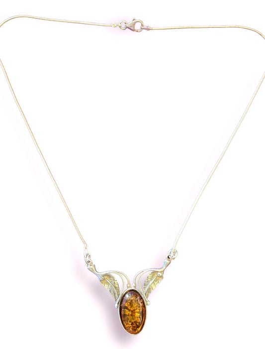 Baltic Amber Sterling Silver Leaf Detail Necklace