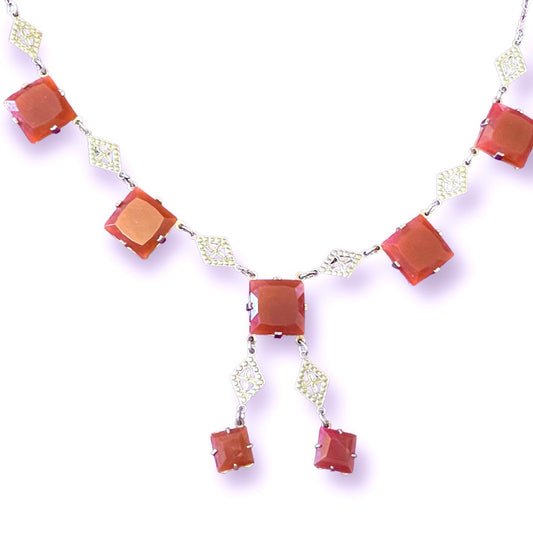 Vintage Carnelian & Sterling Silver Filigree Y Necklace