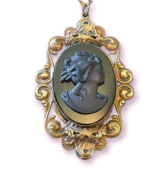 Antique Molded Glass Mourning Cameo Brass Filigree Necklace