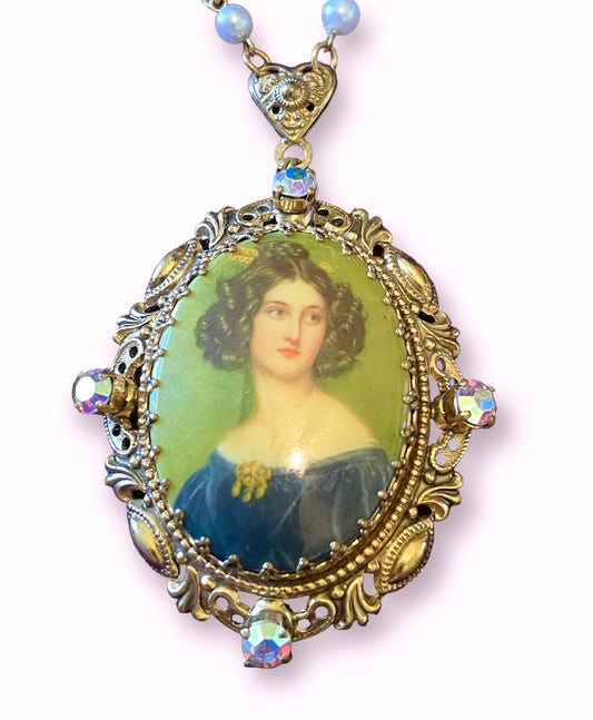 Vintage West German Limoge Portrait Cameo Brass Filigree Necklace with Aurora Borealis Crystal & Pearls