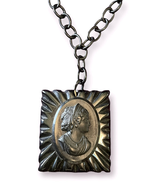 Antique Black Celluloid Mourning Cameo Necklace on Black Celluloid Chain