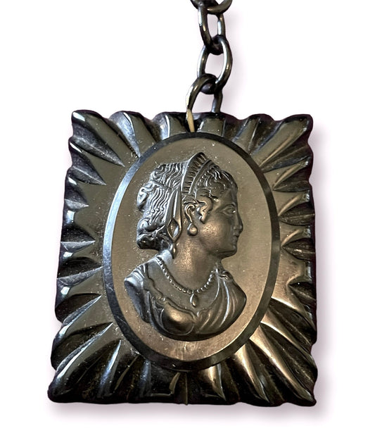 Antique Black Celluloid Mourning Cameo Necklace on Black Celluloid Chain
