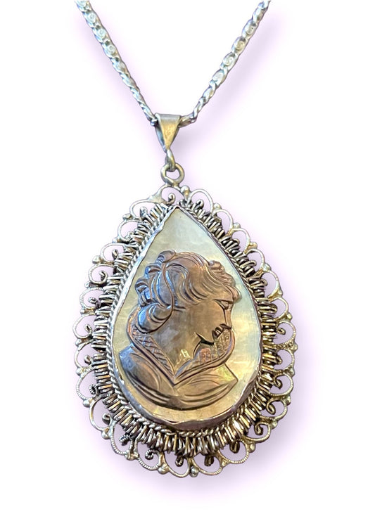 Fine 800 Silver Abalone & Mother of Pearl Carved Cameo Necklace in Filigree Setting