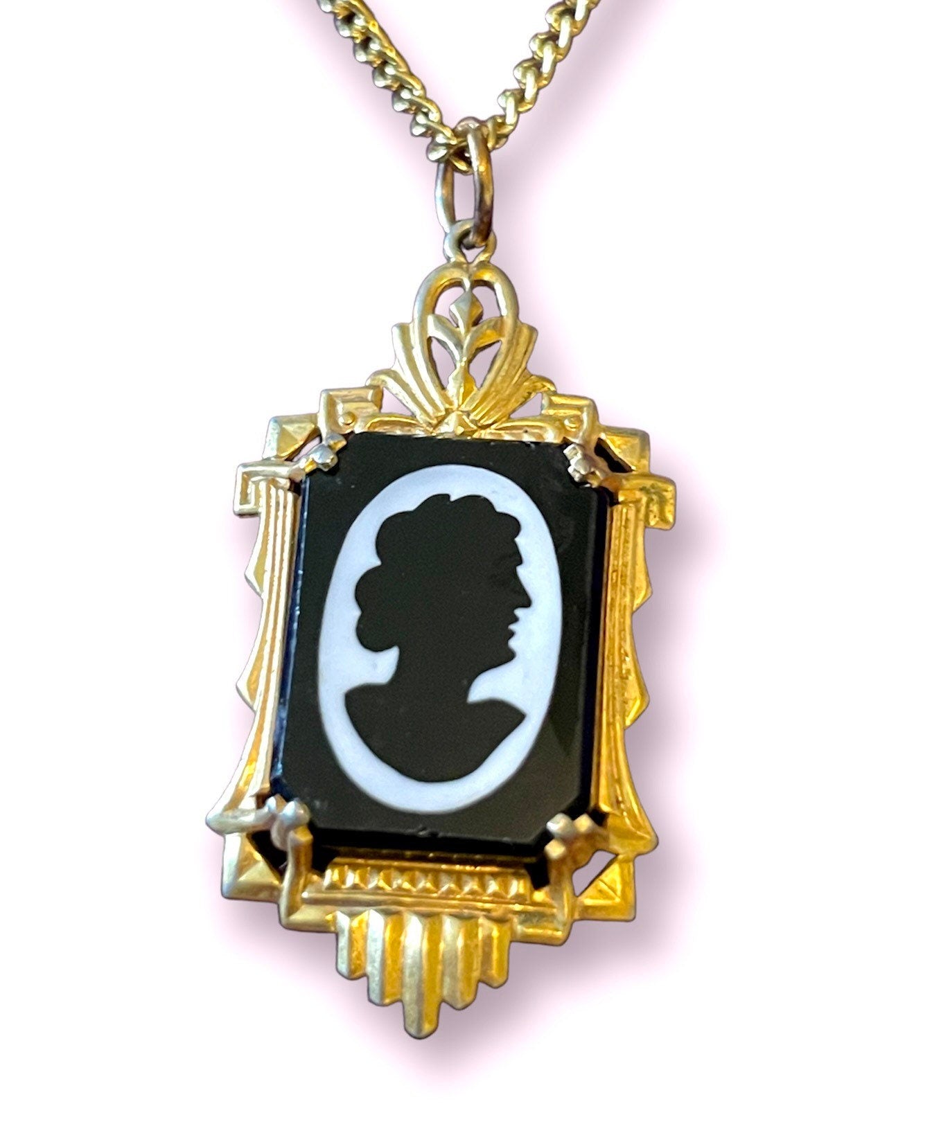 Black & White Glass Shadow Box Silhouette Portrait Cameo Necklace in Gold Art Deco Style Setting