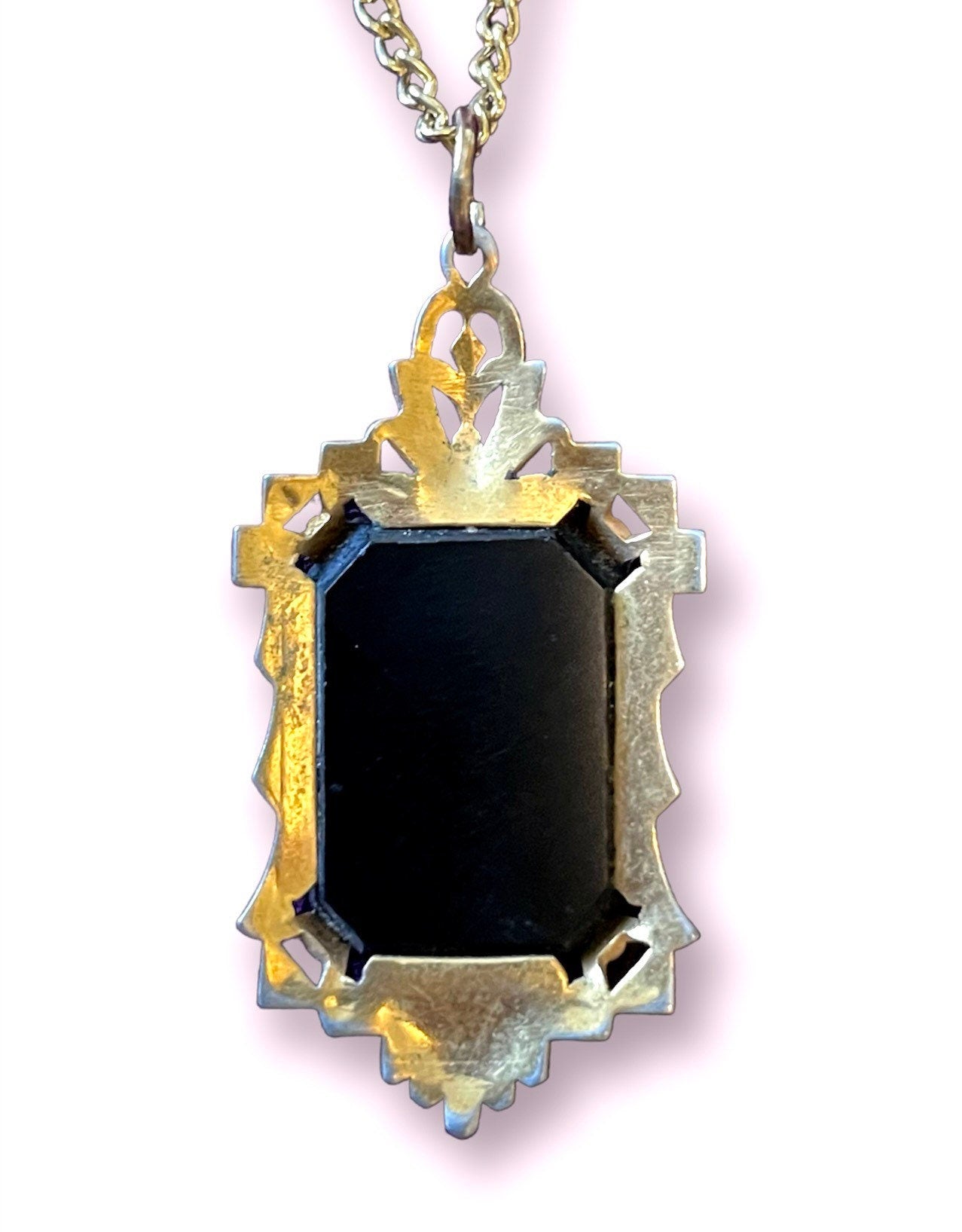 Black & White Glass Shadow Box Silhouette Portrait Cameo Necklace in Gold Art Deco Style Setting