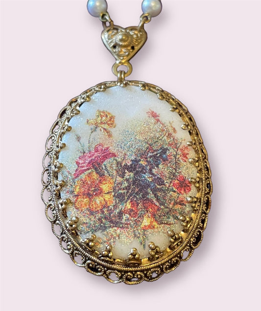 West German 1940’s Textured Glass Floral Bouquet Cameo Brass Filigree Necklace