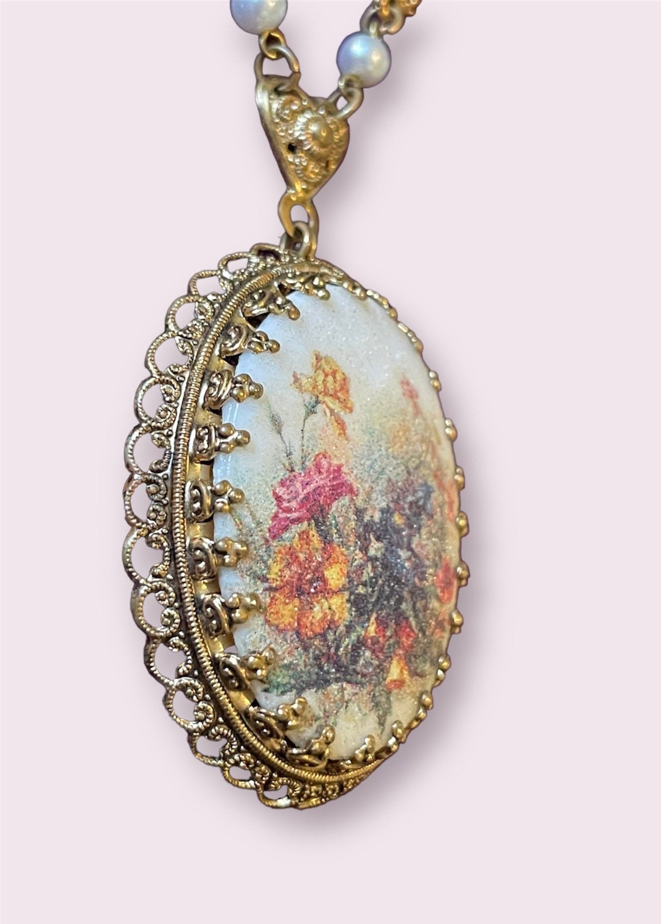 West German 1940’s Textured Glass Floral Bouquet Cameo Brass Filigree Necklace