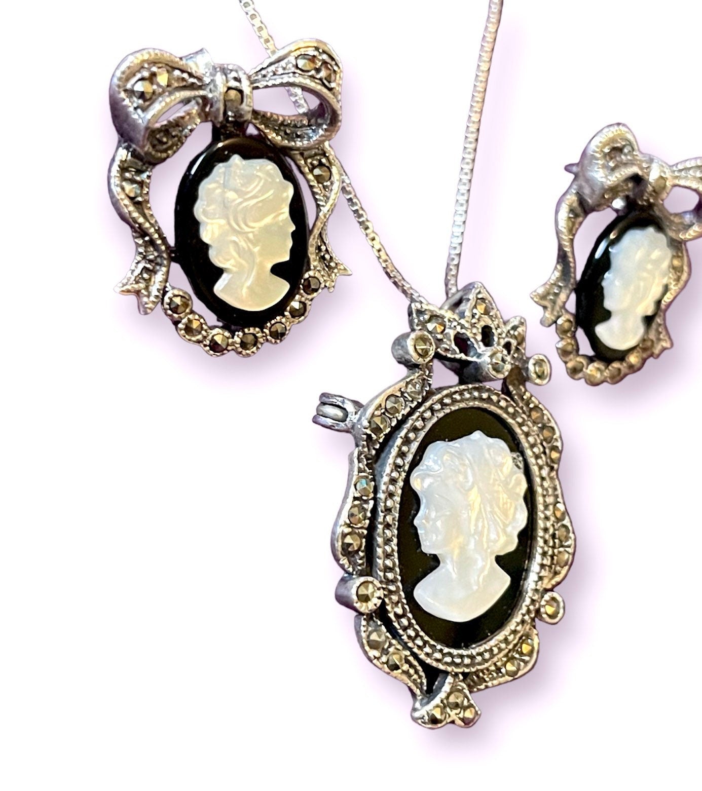 Sterling Silver, Marcasite, Onyx & Mother of Pearl Cameo Necklace, Brooch and Earring Set