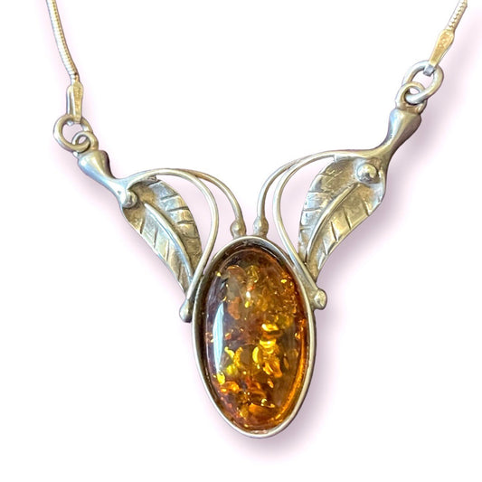 Baltic Amber Sterling Silver Leaf Detail Necklace