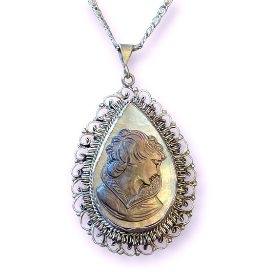 Fine 800 Silver Abalone & Mother of Pearl Carved Cameo Necklace in Filigree Setting