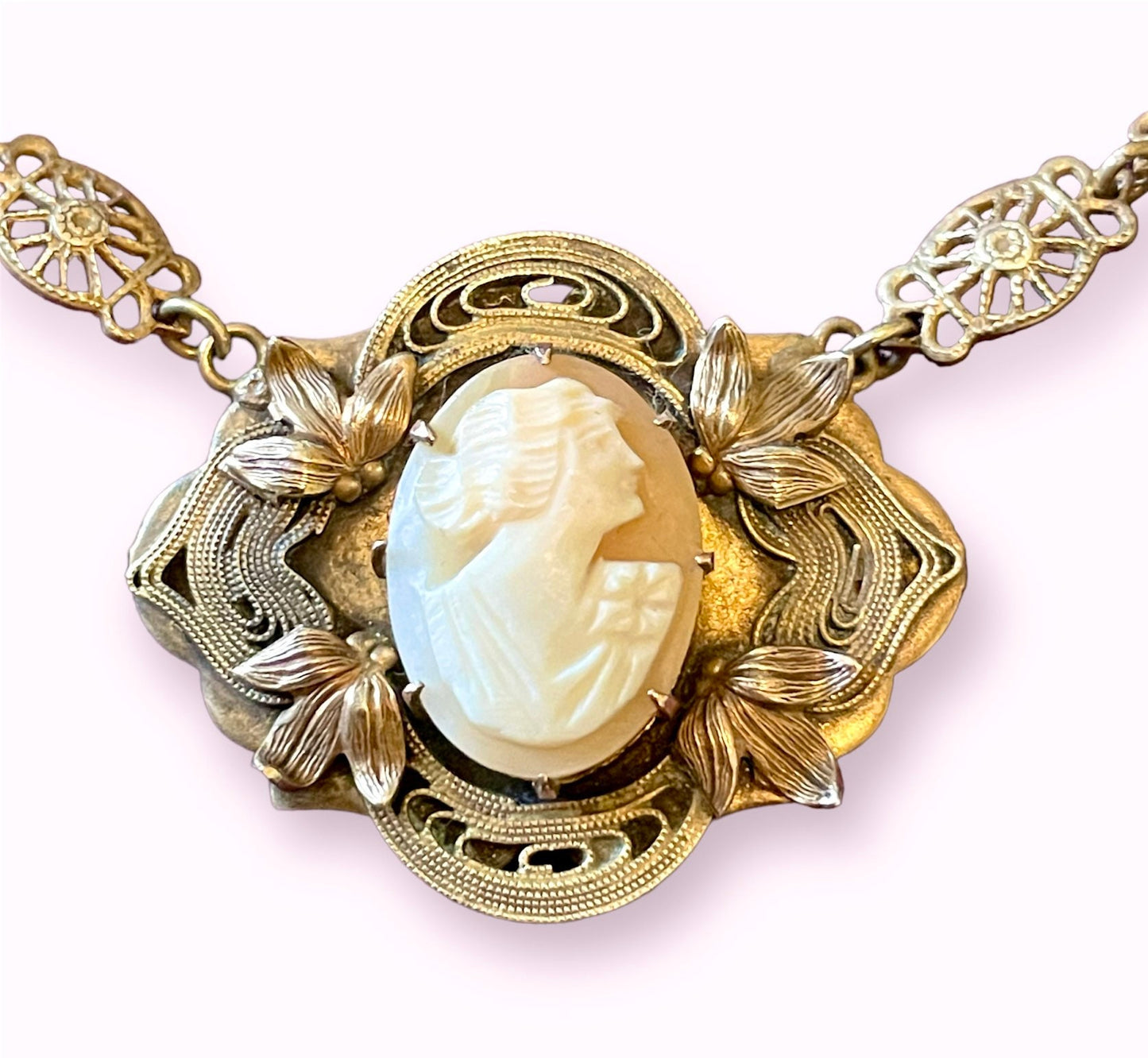 Art Nouveau Leaf Design Carved Shell Cameo Brass Necklace