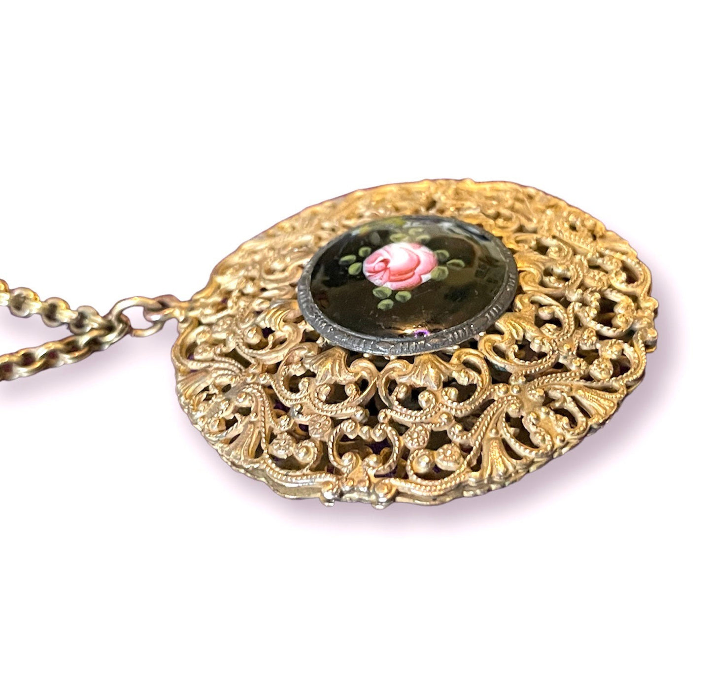 Vintage Black & Pink Cloisonné Rose Cameo in Heavy Brass Filigree Openwork Necklace