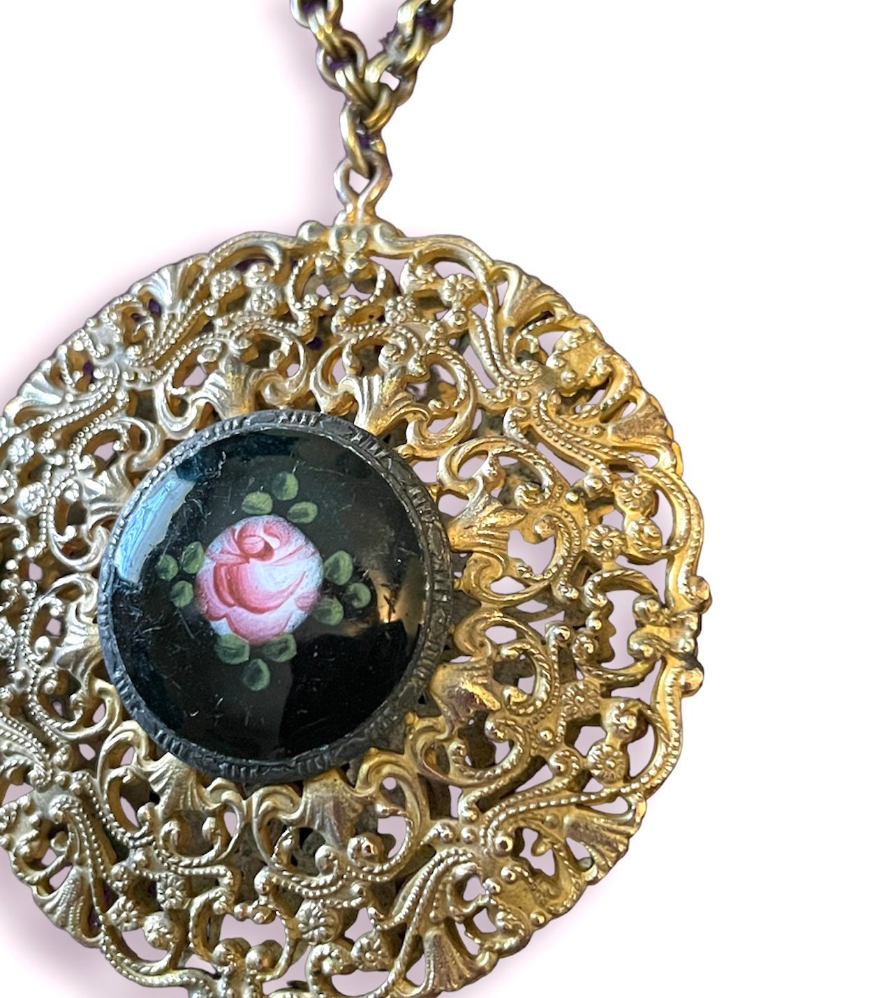 Vintage Black & Pink Cloisonné Rose Cameo in Heavy Brass Filigree Openwork Necklace