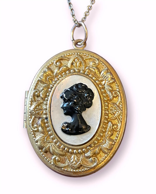 Vintage Mother of Pearl & Black Cameo Gold Embossed Locket Necklace