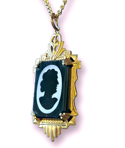 Black & White Glass Shadow Box Silhouette Portrait Cameo Necklace in Gold Art Deco Style Setting