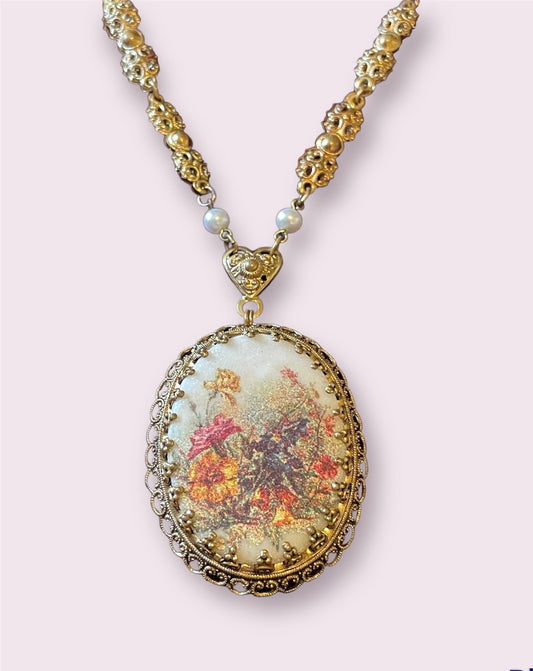 West German 1940’s Textured Glass Floral Bouquet Cameo Brass Filigree Necklace