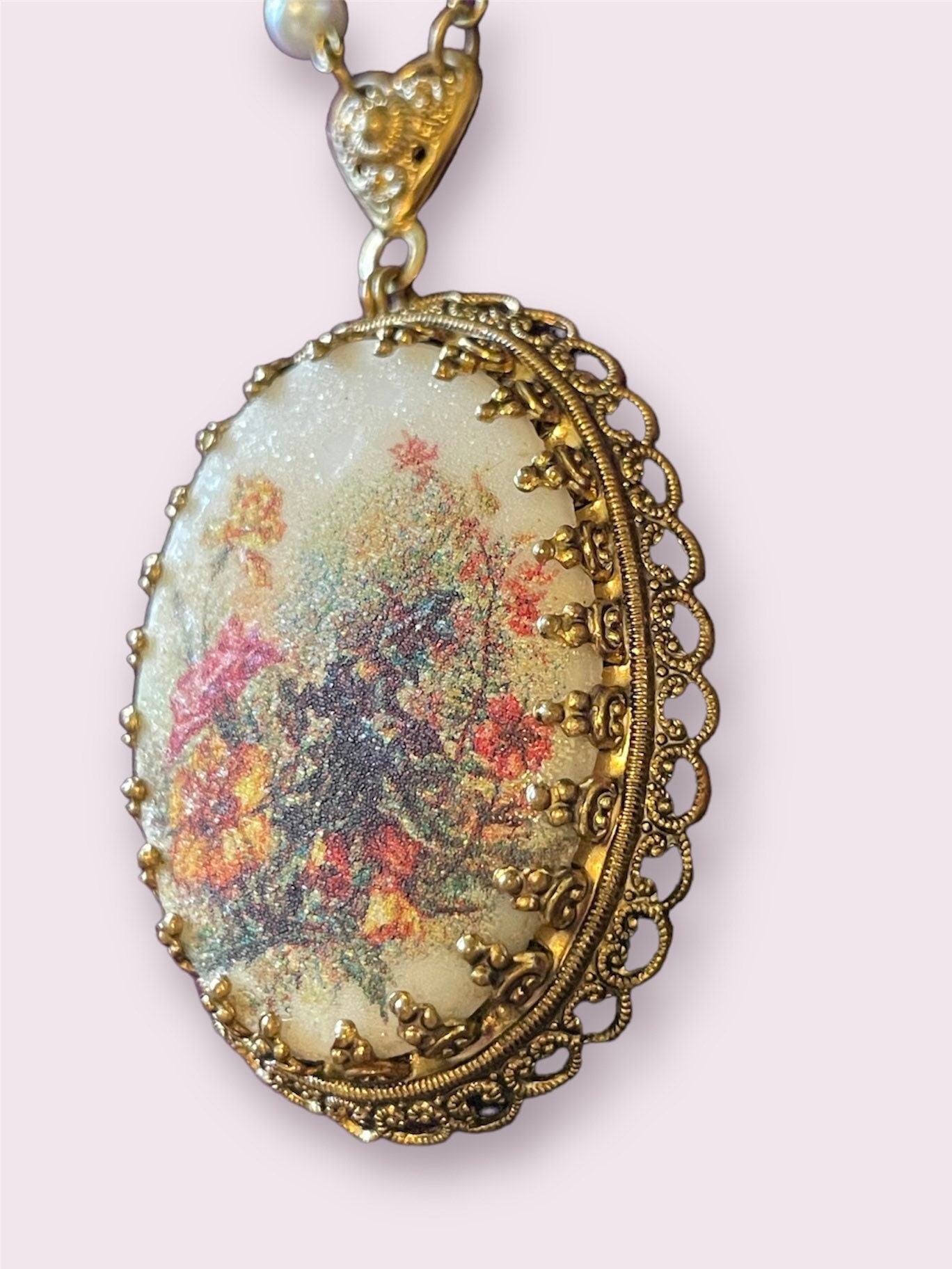 West German 1940’s Textured Glass Floral Bouquet Cameo Brass Filigree Necklace