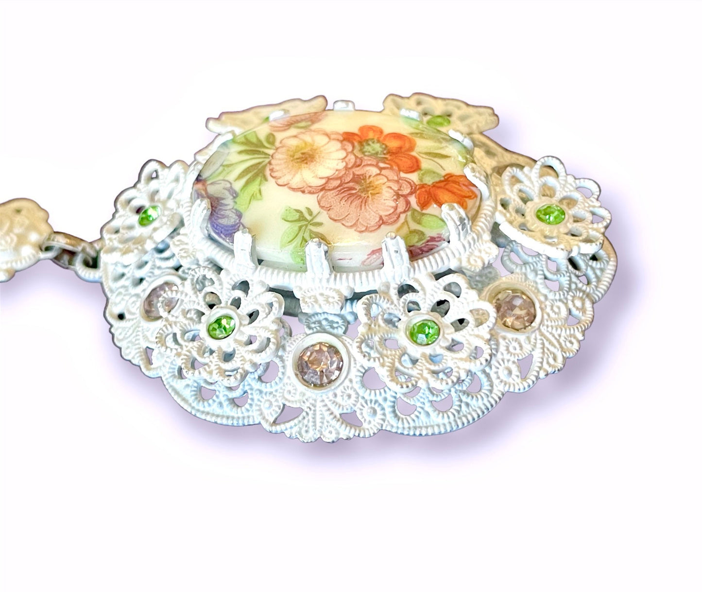 White Enamel West German Fruit Salad Pink & Green Crystal Floral Bouquet Limoge Cameo Necklace