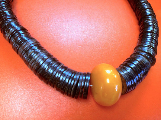 Amazing Antique Primitive Black Horn & Giant Bakelite Bead Long Necklace