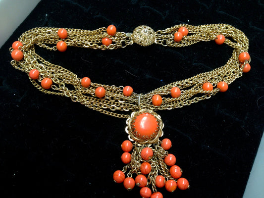 Orange Marbled Art Glass Gilded Brass Filigree Muli Gold Chain Drop Fringe Beaded Choker