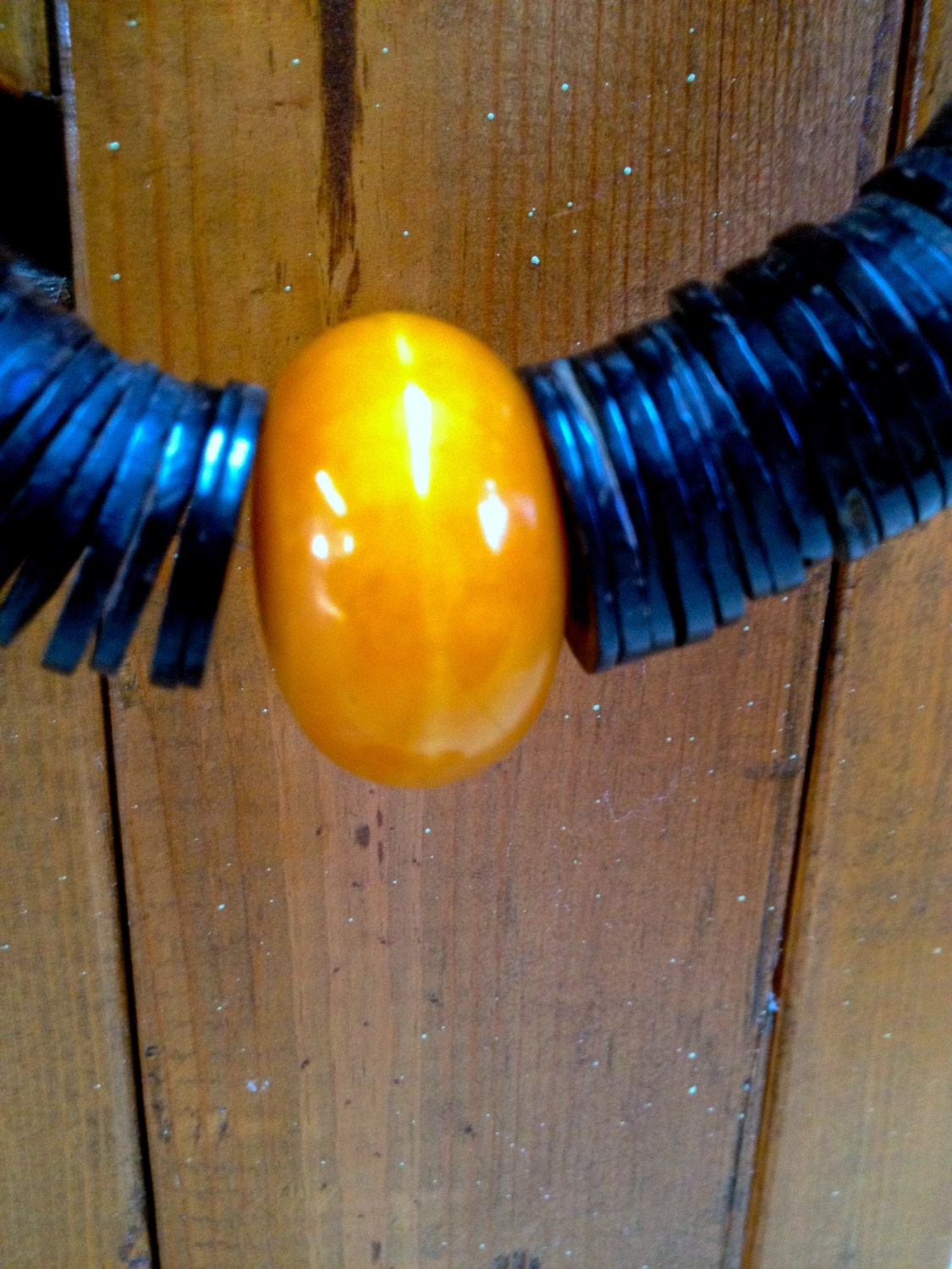 Amazing Antique Primitive Black Horn & Giant Bakelite Bead Long Necklace