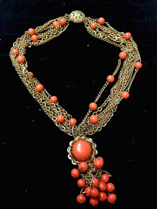 Orange Marbled Art Glass Gilded Brass Filigree Muli Gold Chain Drop Fringe Beaded Choker