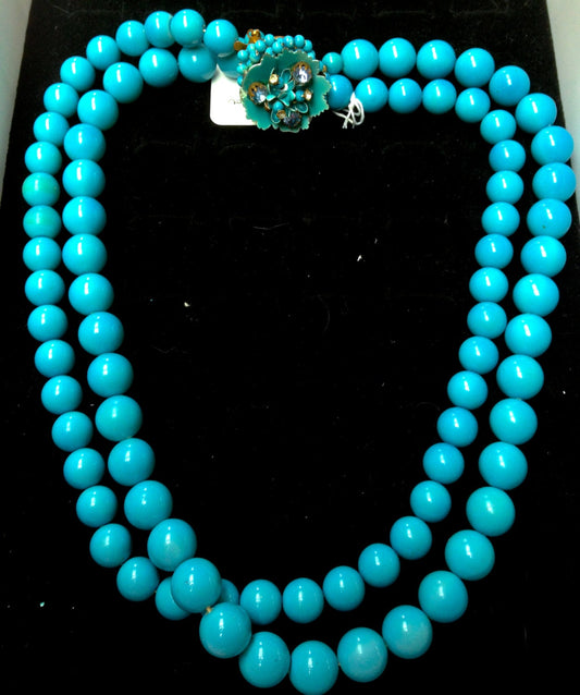 Gorgeous Summer Sky Blue 1950's Chunky Multi Strand Bead Necklace with Enamel Rhinestone Flower Clasp