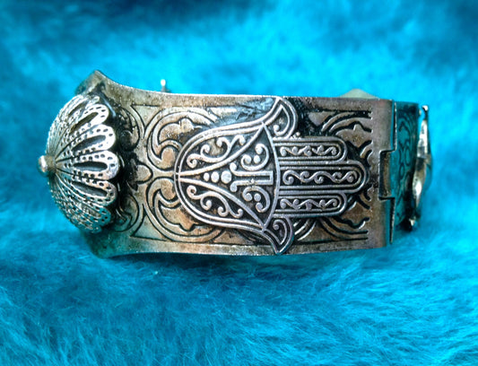 Moroccan Repousse & Embossed Pin Hinged Bangle Bracelet with Camel, Dome, Hand of Fatima