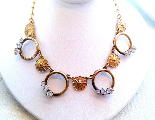 Victorian Gold Floral Embossed & Prong Set Crystal Chain Necklace