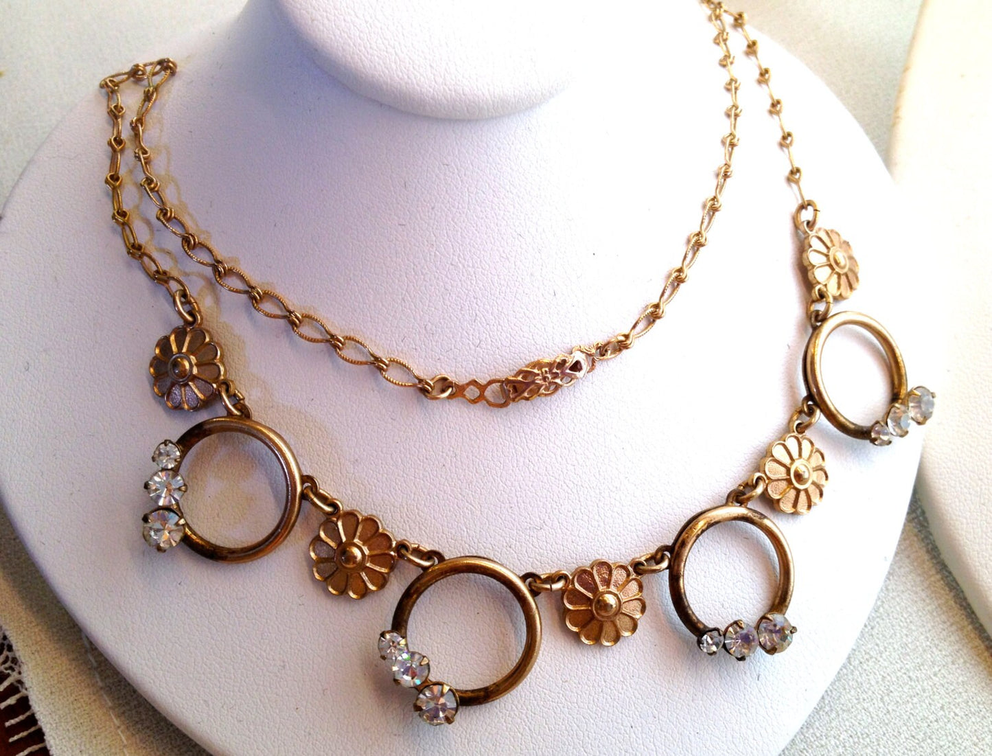 Victorian Gold Floral Embossed & Prong Set Crystal Handmade Chain Necklace