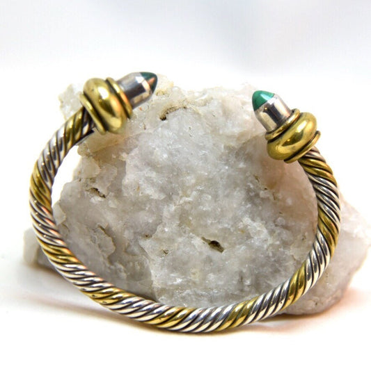 Vintage Chunky Cable Sterling Silver & Gold Twisted Cuff Bangle Bezel Set with Malachite Gemstone Ends