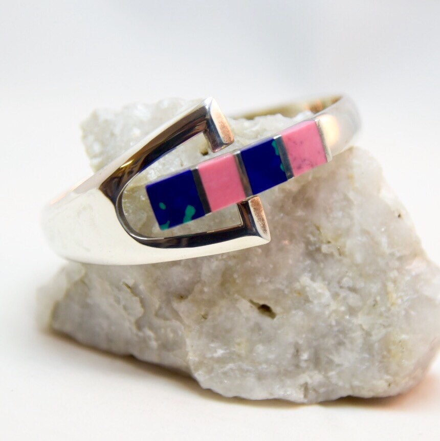 Gorgeous 925 Sterling Silver Blue Green Azurite & Bright Pink Rhodochrosite Gemstone Hinged Clamper Bracelet Taxco Mexico