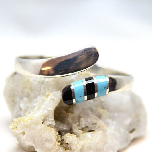 Vintage 925 Sterling Silver, Turquoise & Onyx Taxco Mexico Hinged Mid Century Modernist Clamper Bypass Bracelet