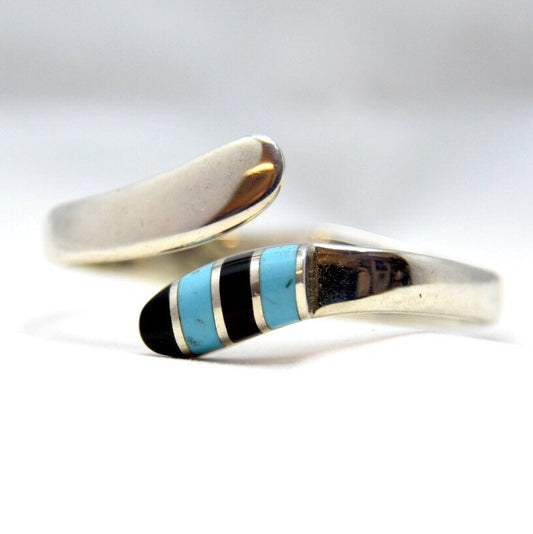 Vintage 925 Sterling Silver, Turquoise & Onyx Taxco Mexico Hinged Mid Century Modernist Clamper Bypass Bracelet