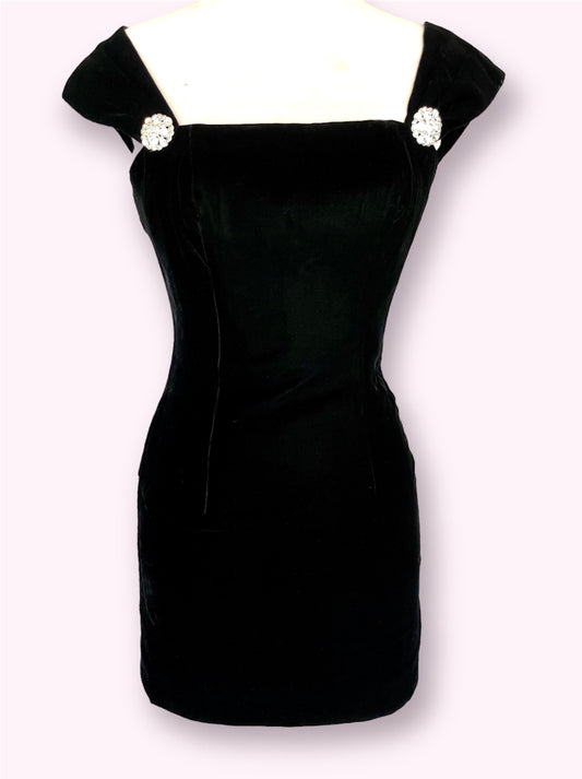 Black Velvet Vintage 1990’s Caché Mini Party Dress with Crystal Detail