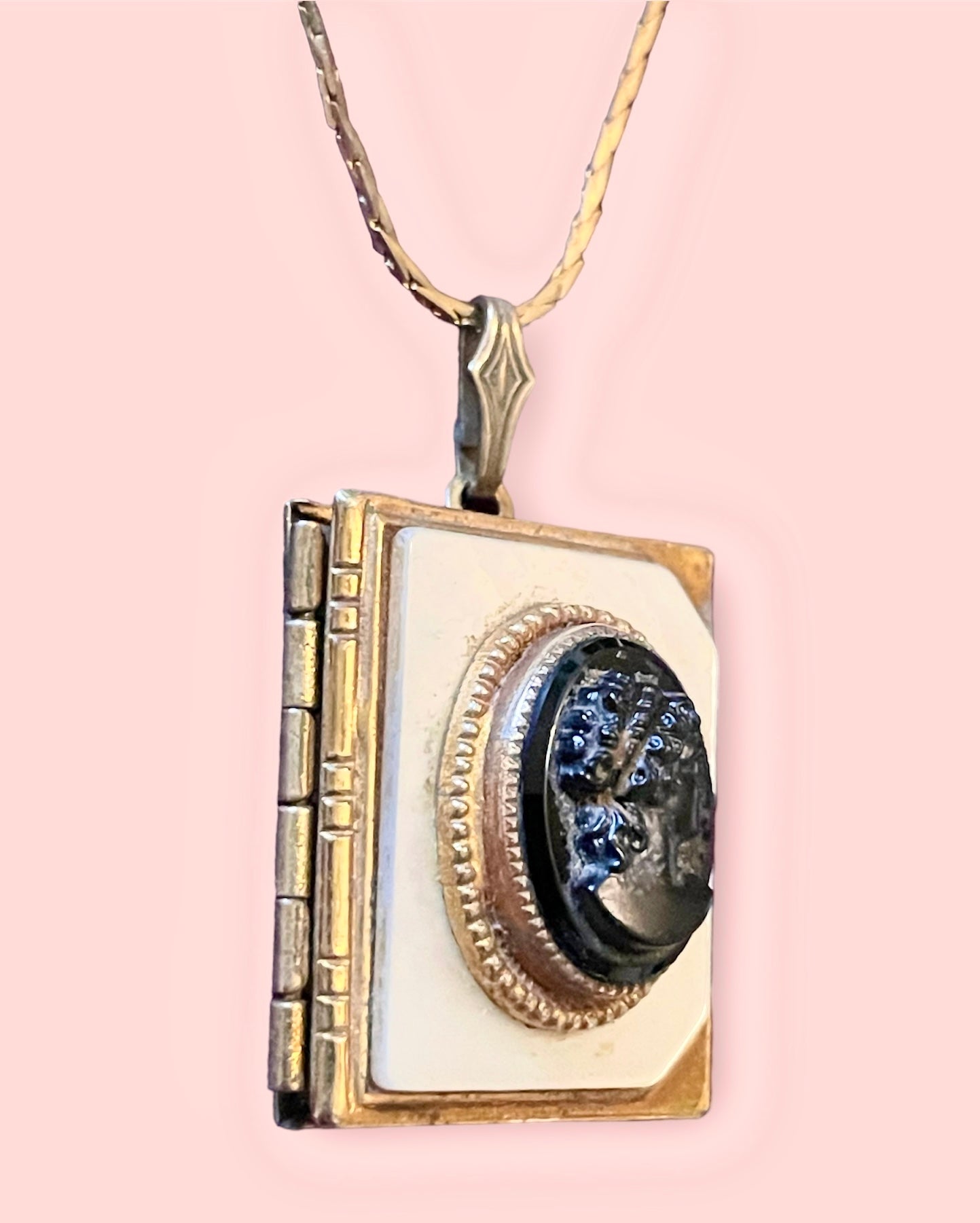 Mother of Pearl & Black Glass Cameo Book Locket Vintage Necklace