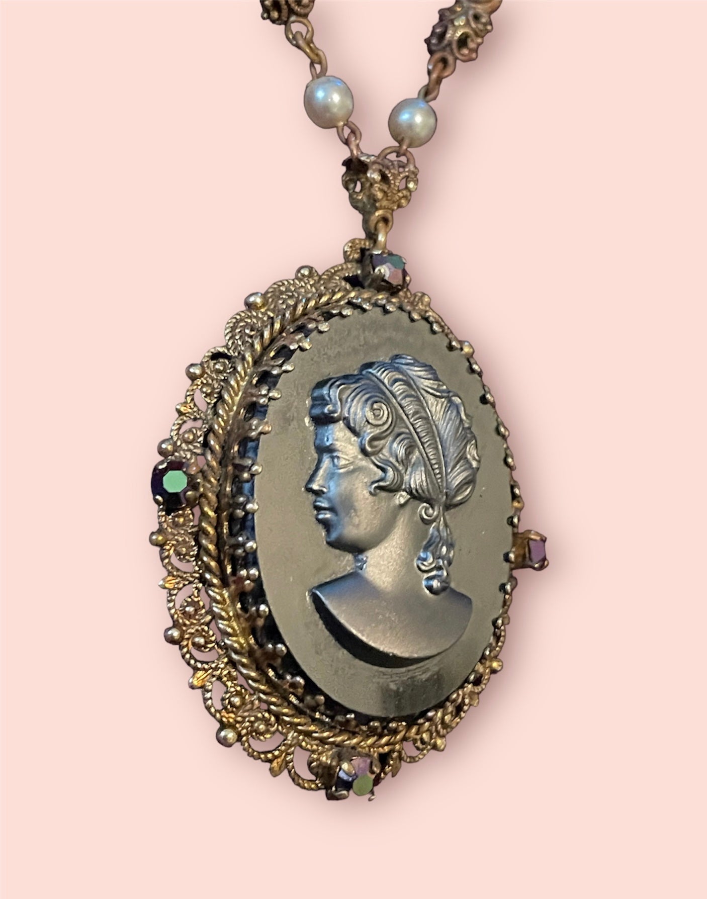 West German Black Mourning Cameo Brass Filigree Necklace with Aurora Borealis Crystal