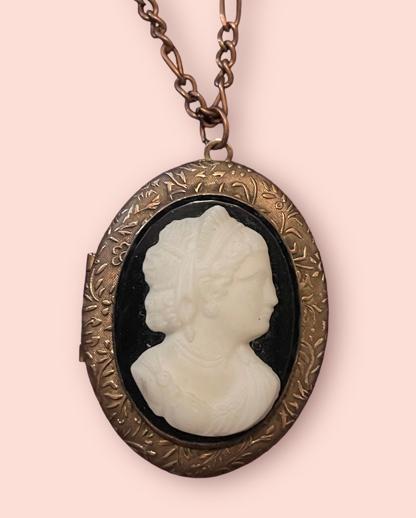 Copper Art Nouveau Black & White Mourning Cameo Locket Necklace