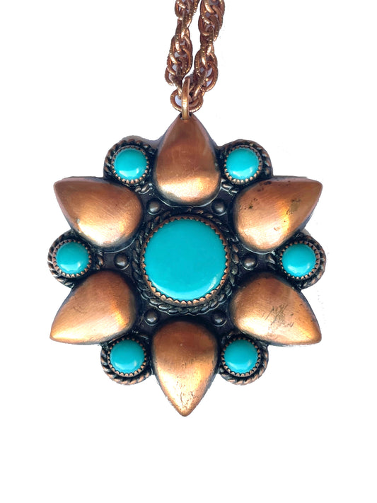 Bell Copper Sunburst Necklace with Faux Turquoise Cabochons c.1940
